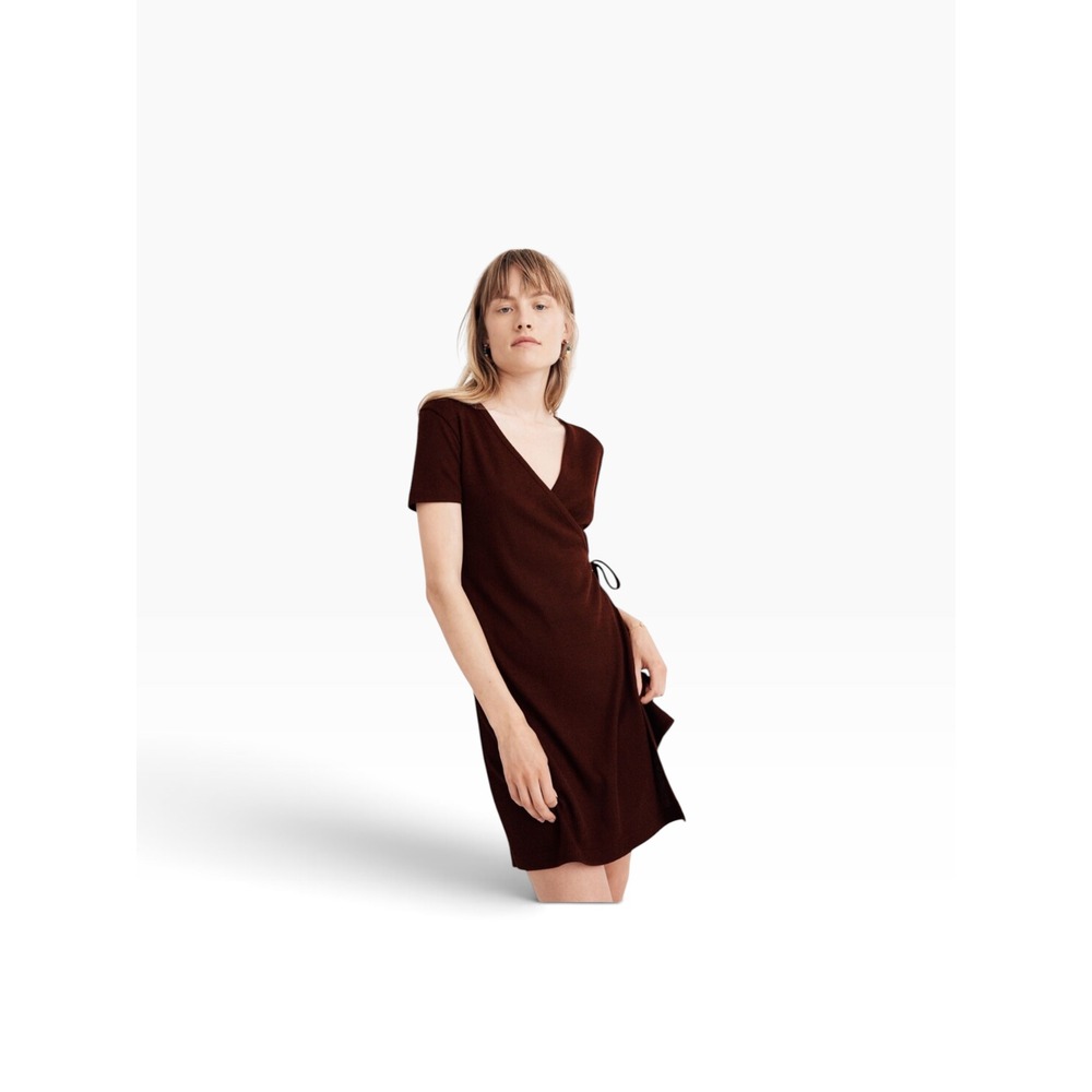 Madewell Ribbed Knit Wrap Dress Burgundy Mahogany Short Sleeve Mini Boho Fall